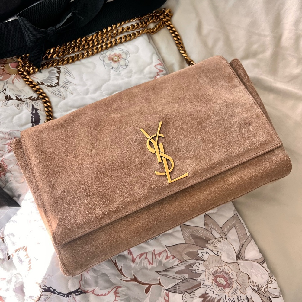 Yves Saint Laurent “Kate” reversible suede and leather shoulder bag. NWT